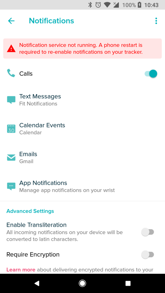 Screenshot of the Fitbit notifications settings page